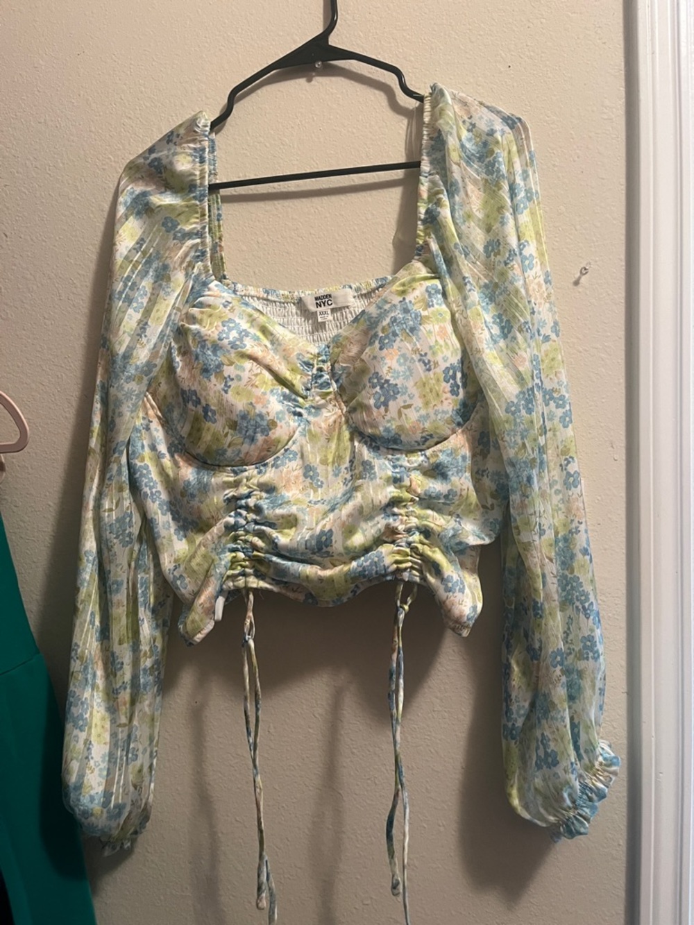 Floral Ruched Long-Sleeve Crop Top - Blue & Cream